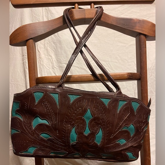 Leaders in Leather VTG Made in Paraguay Dark Brown/Aqua hand tooled Leather bag - Picture 7 of 13